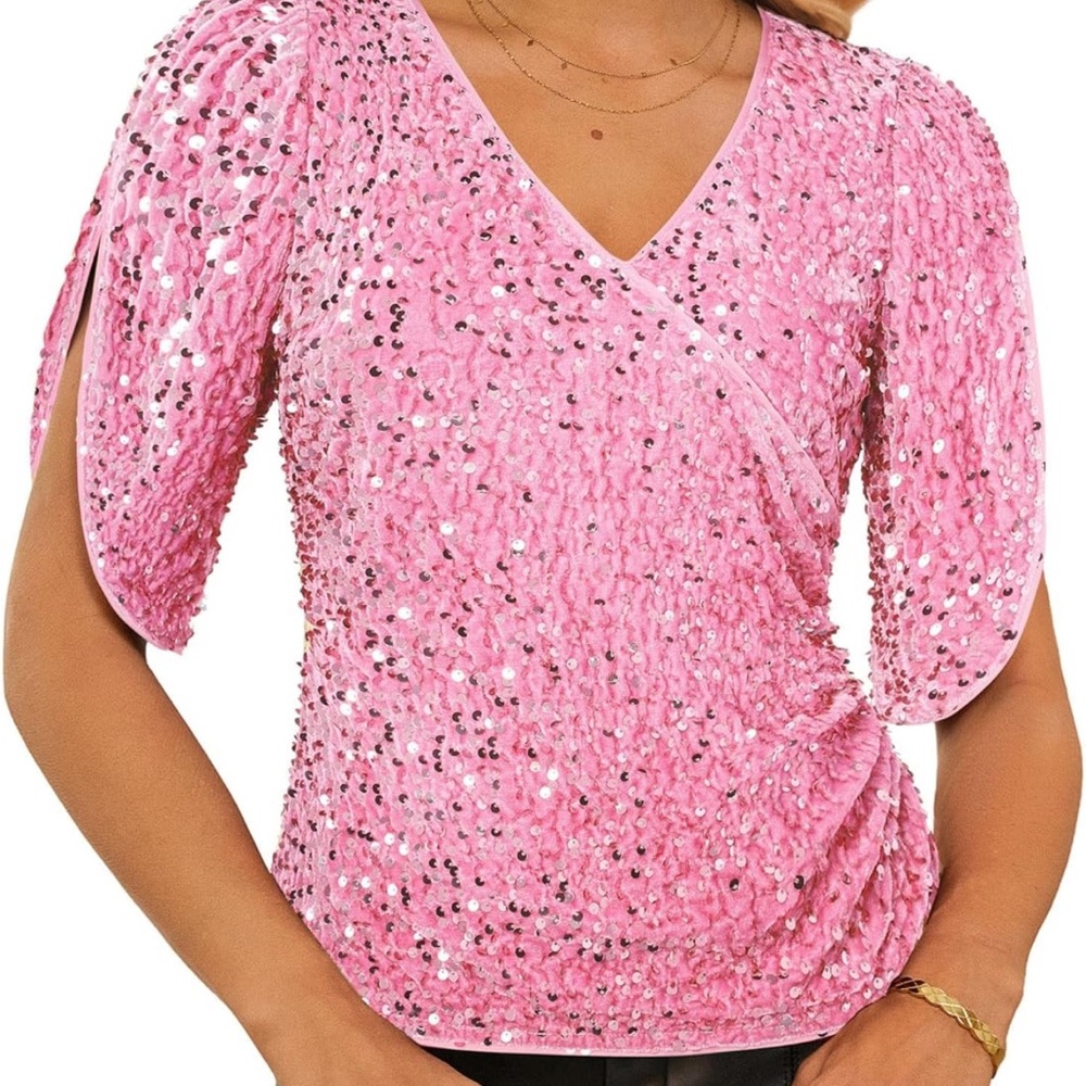 Grace Karin Pink Sequin Wrap Blouse